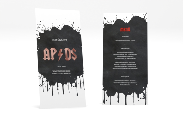 Menükarte Hochzeit Hardrock lange Karte hoch rosegold für Rockband-Fans