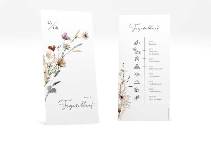 Tagesablauf Hochzeit Selvatica lange Karte hoch silber mit getrockneten Wiesenblumen