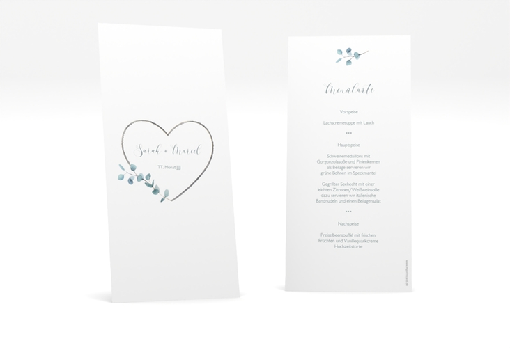 Menükarte Hochzeit Greenheart lange Karte hoch silber mit elegantem Herz und Eukalyptus-Zweig
