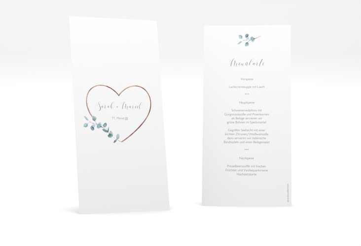 Menükarte Hochzeit Greenheart lange Karte hoch rosegold mit elegantem Herz und Eukalyptus-Zweig