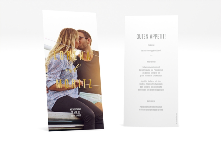 Menükarte Hochzeit Memory lange Karte hoch gold