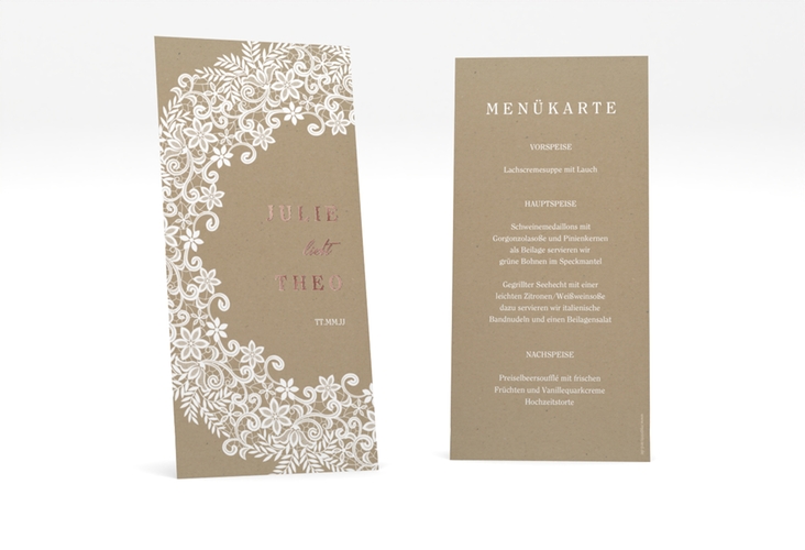 Menükarte Hochzeit Mariage lange Karte hoch rosegold mit Bogen aus weißer Spitze