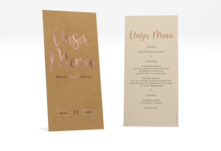 Menükarte Hochzeit Noble lange Karte hoch rosegold mit elegantem Schriftzug