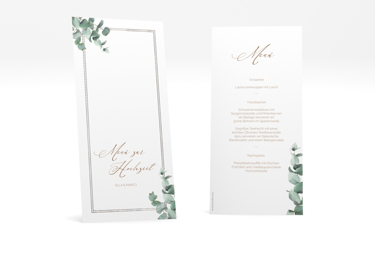Menükarte Hochzeit "Eucalypt" lange Karte hoch silber mit Eukalyptus und edlem Rahmen