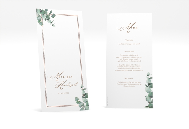 Menükarte Hochzeit "Eucalypt" lange Karte hoch rosegold mit Eukalyptus und edlem Rahmen