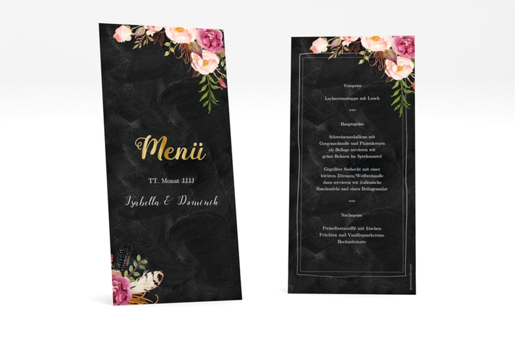 Menükarte Hochzeit Flowers lange Karte hoch gold mit bunten Aquarell-Blumen