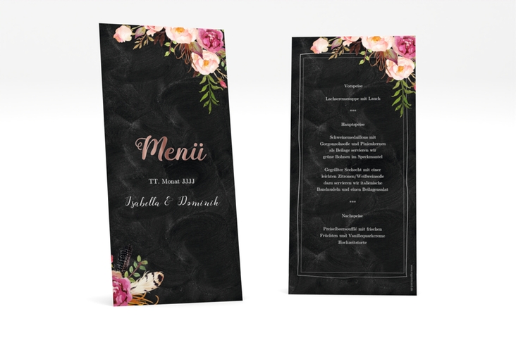 Menükarte Hochzeit Flowers lange Karte hoch rosegold mit bunten Aquarell-Blumen