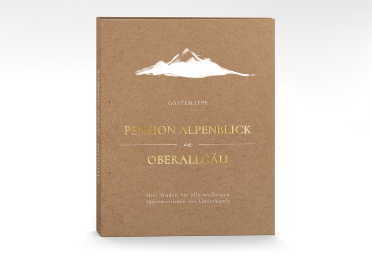 Gästemappe Ferienwohnung A4 Alpenblick Gästemappe A4 gold mit Berggipfel-Motiv
