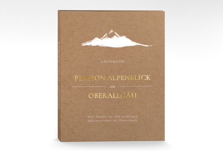 Gästemappe Ferienwohnung A4 Alpenblick Gästemappe A4 gold mit Berggipfel-Motiv