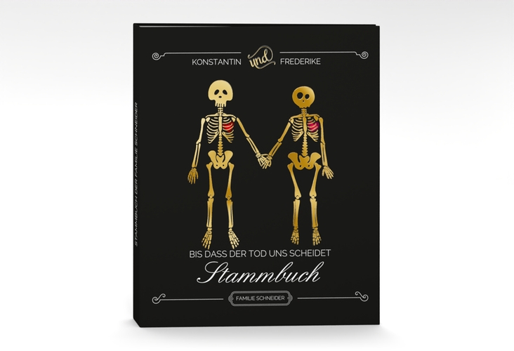 Stammbuch A4 Bones Stammbuch A4 gold mit Skelett-Ehepaar im Cartoon-Stil
