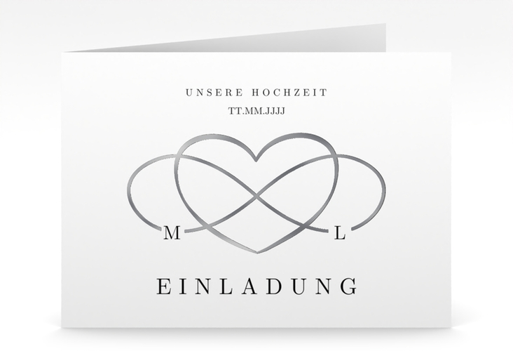 Hochzeitseinladung Infinity mittlere Klappkarte quer schwarz silber