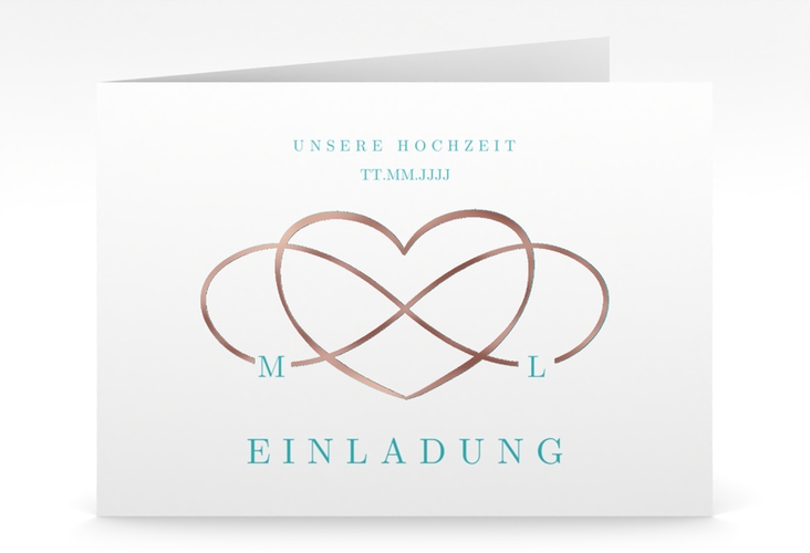 Hochzeitseinladung Infinity mittlere Klappkarte quer tuerkis rosegold