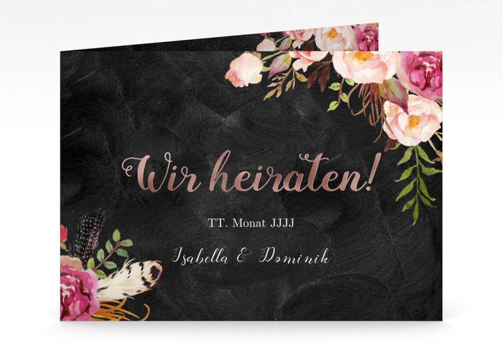 Hochzeitseinladung Flowers mittlere Klappkarte quer schwarz rosegold mit bunten Aquarell-Blumen