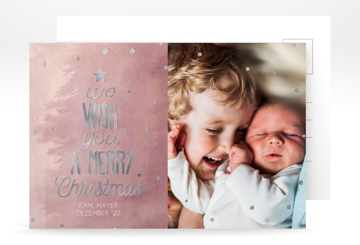 Weihnachtskarte Schneeglitzern A6 Postkarte rot silber mit Aquarellfarbe und Kinderfoto