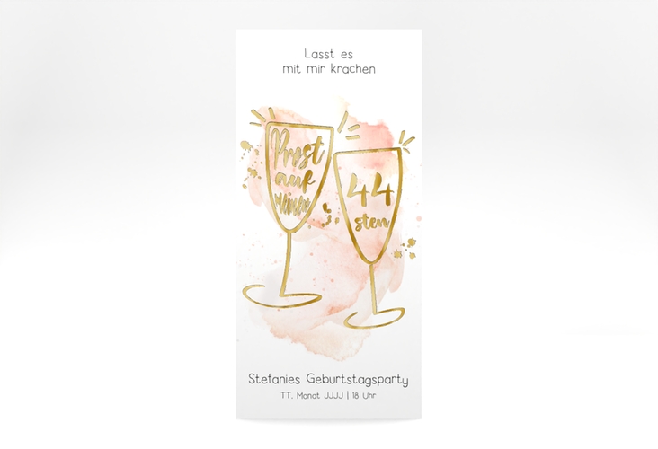 Einladung Geburtstag Sektgläser lange Karte hoch rot gold mit zwei Champagner-Gläsern auf Aquarell-Hintergrund