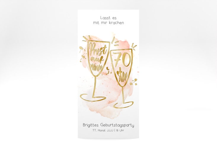 Einladung 70. Geburtstag Sektgläser lange Karte hoch rot gold mit zwei Champagner-Gläsern auf Aquarell-Hintergrund