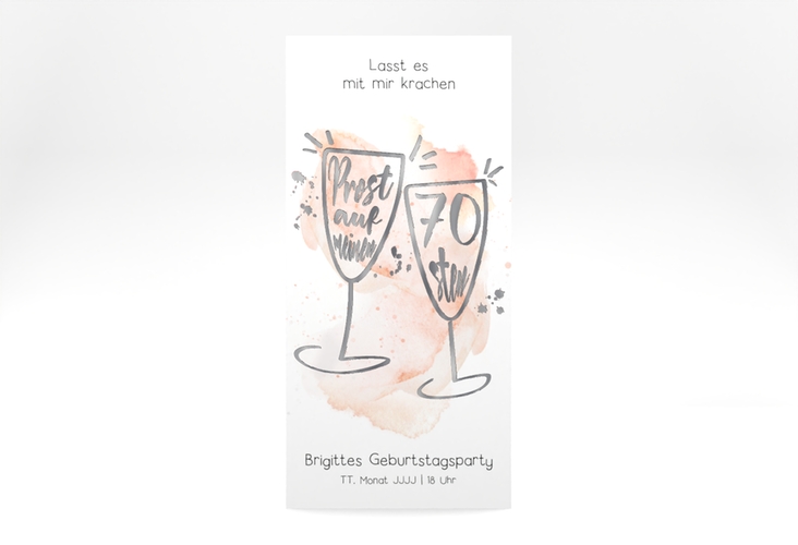 Einladung 70. Geburtstag Sektgläser lange Karte hoch rot silber mit zwei Champagner-Gläsern auf Aquarell-Hintergrund
