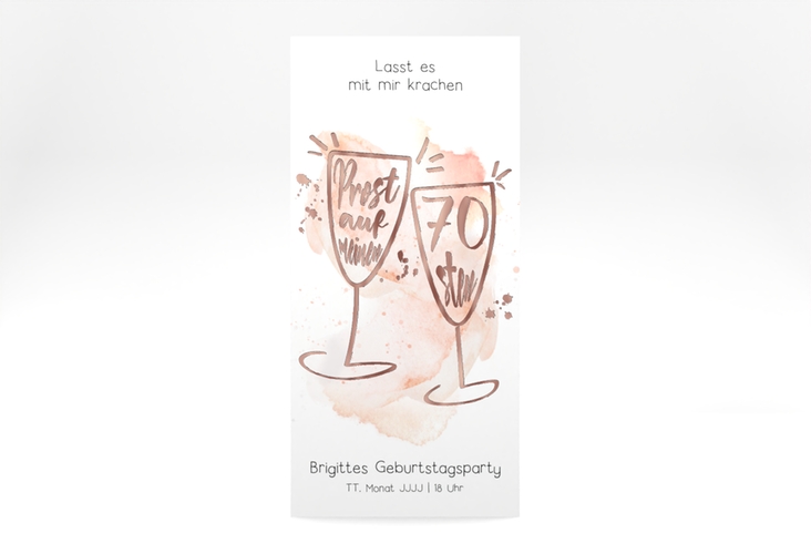 Einladung 70. Geburtstag Sektgläser lange Karte hoch rot rosegold mit zwei Champagner-Gläsern auf Aquarell-Hintergrund