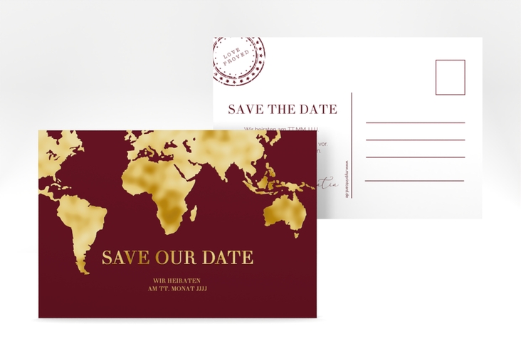 Save the Date-Postkarte Traumziel A6 Postkarte rot gold im Reisepass-Design