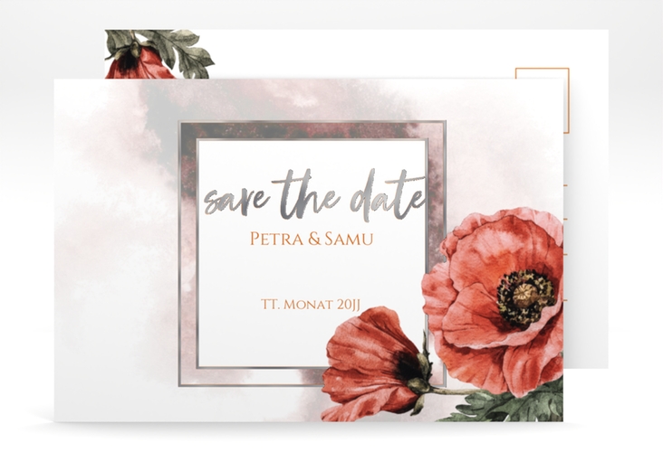 Save the Date-Postkarte Sommer A6 Postkarte rot silber mit Mohnblumen-Aquarell