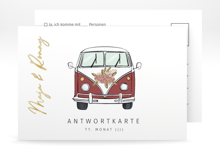 Antwortkarte Hochzeit Hochzeitsbulli A6 Postkarte rot gold