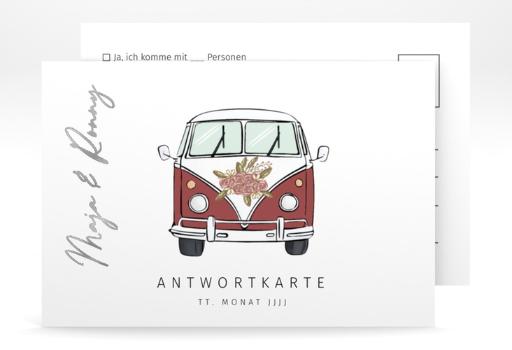 Antwortkarte Hochzeit Hochzeitsbulli A6 Postkarte rot silber