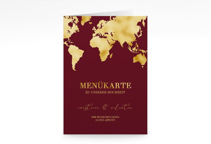 Menükarte Hochzeit Traumziel A5 Klappkarte hoch rot gold im Reisepass-Design