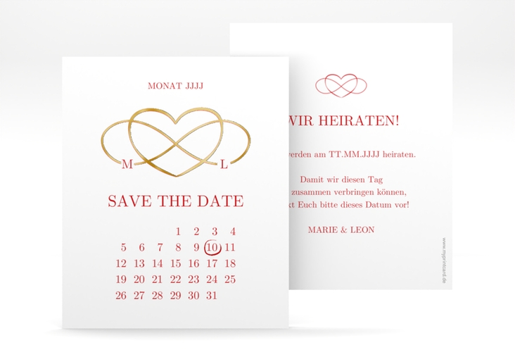 Save the Date-Kalenderblatt Infinity Kalenderblatt-Karte rot gold
