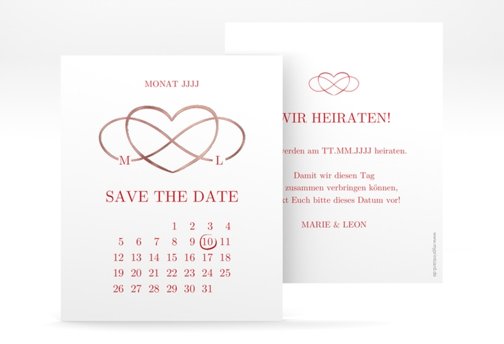 Save the Date-Kalenderblatt Infinity Kalenderblatt-Karte rot rosegold