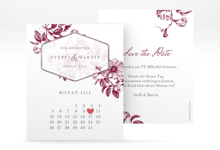 Save the Date-Kalenderblatt Magnificent Kalenderblatt-Karte rot silber