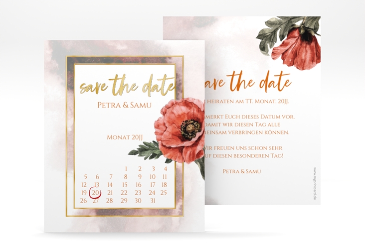 Save the Date-Kalenderblatt Sommer Kalenderblatt-Karte rot gold mit Mohnblumen-Aquarell