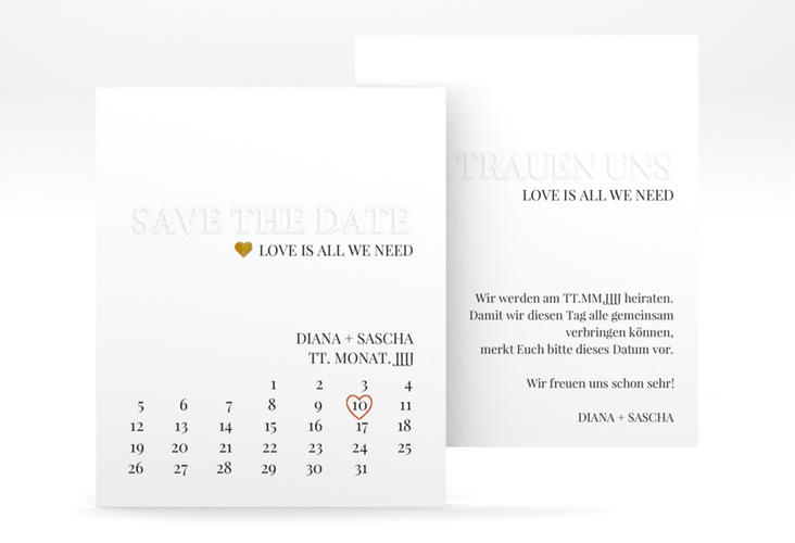 Save the Date-Kalenderblatt Embossing Kalenderblatt-Karte rot gold