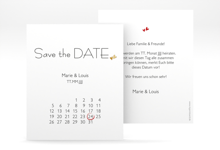 Save the Date-Kalenderblatt Twohearts Kalenderblatt-Karte rot gold