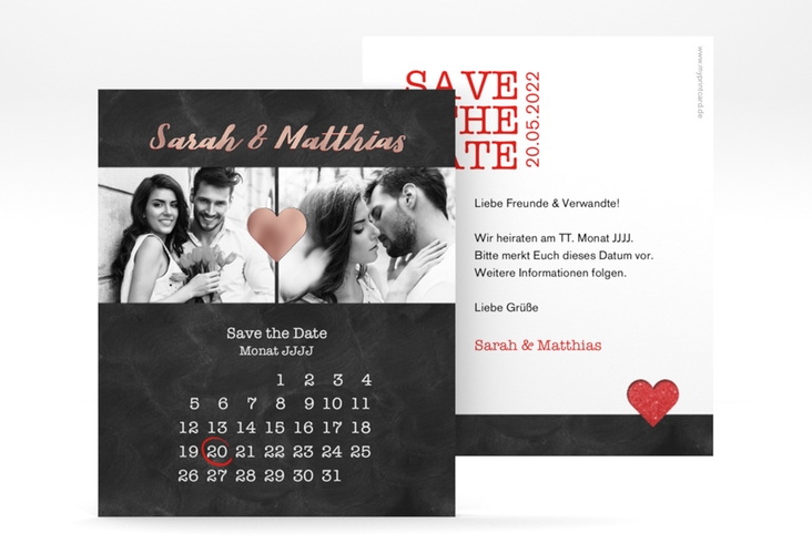 Save the Date-Kalenderblatt Sparkly Kalenderblatt-Karte rot rosegold