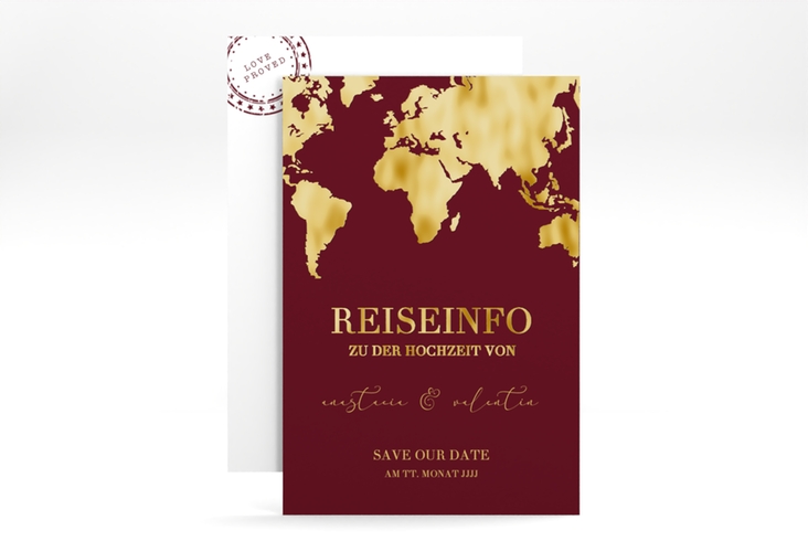 Save the Date-Karte Traumziel A6 Karte hoch rot gold im Reisepass-Design
