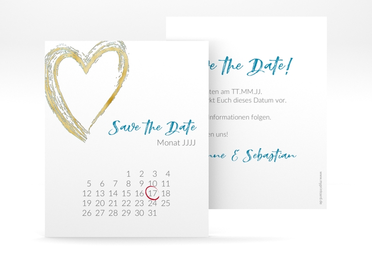Save the Date-Kalenderblatt Liebe Kalenderblatt-Karte tuerkis gold