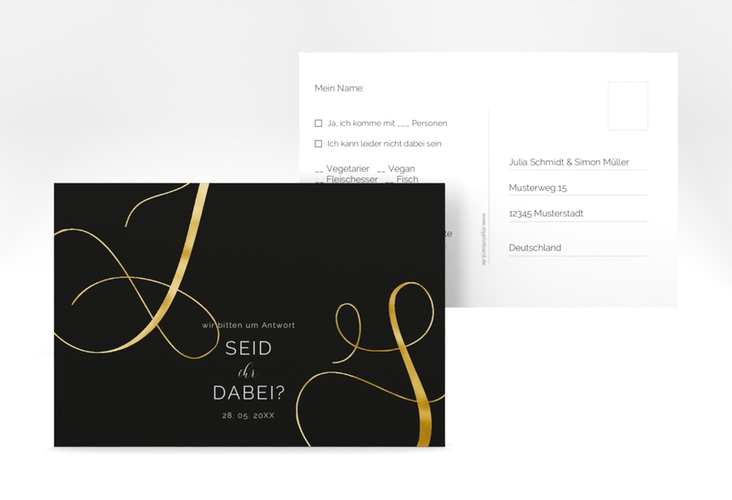 Antwortkarte Hochzeit Eheschließung A6 Postkarte schwarz gold