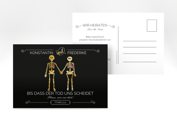 Save the Date-Postkarte Bones A6 Postkarte schwarz gold witzig mit Skelett-Brautpaar