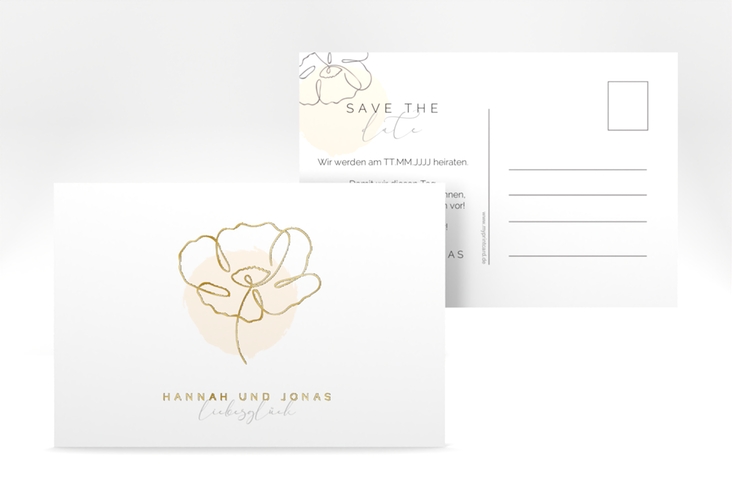 Save the Date-Postkarte Flowerline A6 Postkarte apricot gold