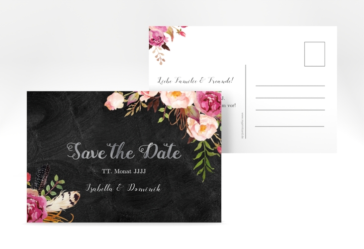 Save the Date-Postkarte Flowers A6 Postkarte schwarz silber mit bunten Aquarell-Blumen