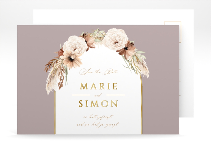 Save the Date-Postkarte Blumenbogen A6 Postkarte flieder gold