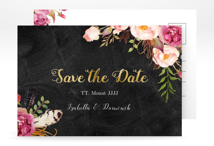 Save the Date-Postkarte Flowers A6 Postkarte schwarz gold mit bunten Aquarell-Blumen