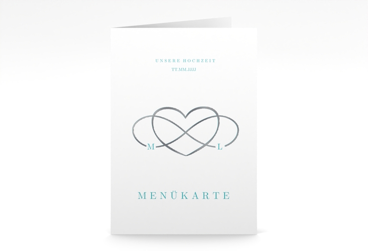 Menükarte Hochzeit Infinity A5 Klappkarte hoch tuerkis silber