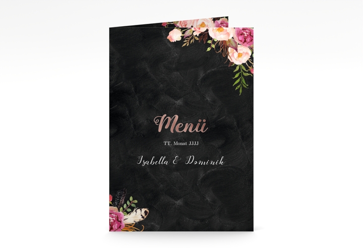 Menükarte Hochzeit Flowers A5 Klappkarte hoch schwarz rosegold mit bunten Aquarell-Blumen