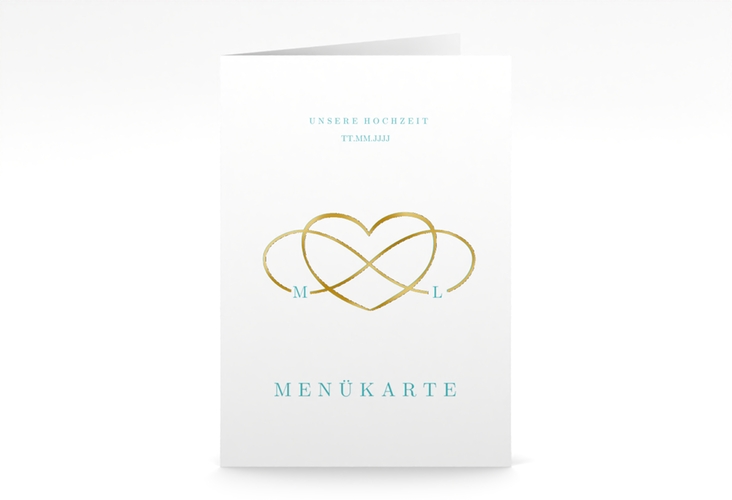Menükarte Hochzeit Infinity A5 Klappkarte hoch tuerkis gold