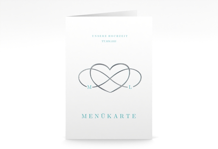 Menükarte Hochzeit Infinity A5 Klappkarte hoch tuerkis silber