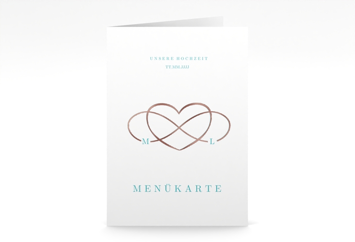 Menükarte Hochzeit Infinity A5 Klappkarte hoch tuerkis rosegold