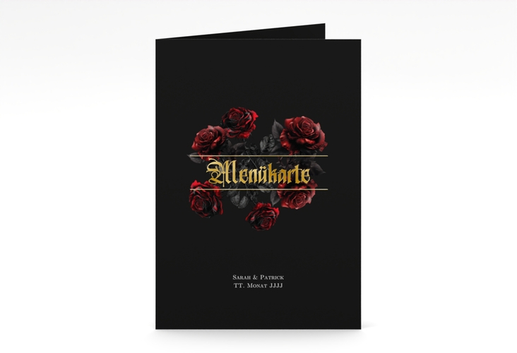 Menükarte Hochzeit Gothic Rose A5 Klappkarte hoch schwarz gold