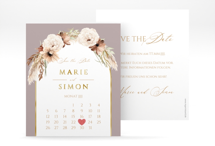 Save the Date-Kalenderblatt Blumenbogen Kalenderblatt-Karte flieder gold