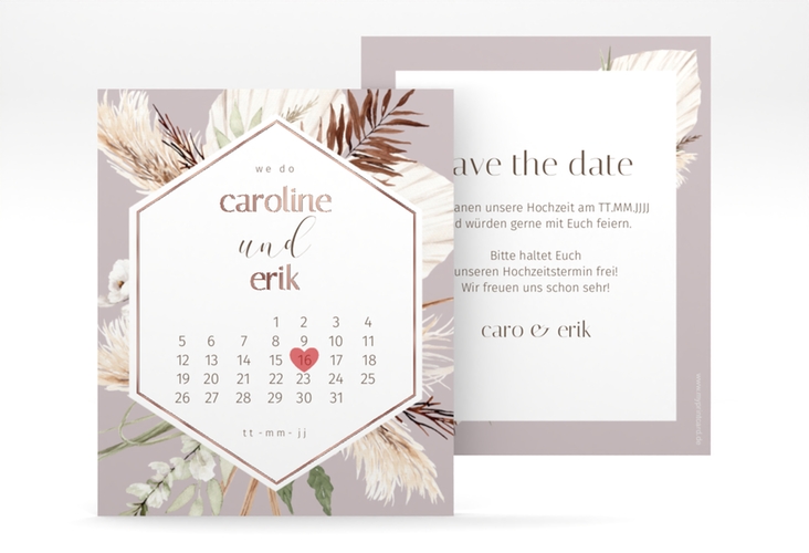 Save the Date-Kalenderblatt Bohemian Kalenderblatt-Karte flieder rosegold